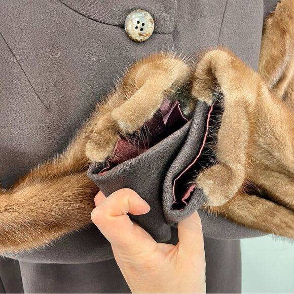 Vintage 1960s Brown Wool & Mink Collar Coat 60s  Winter Coat Diane Original XL - Picture 8 of 14